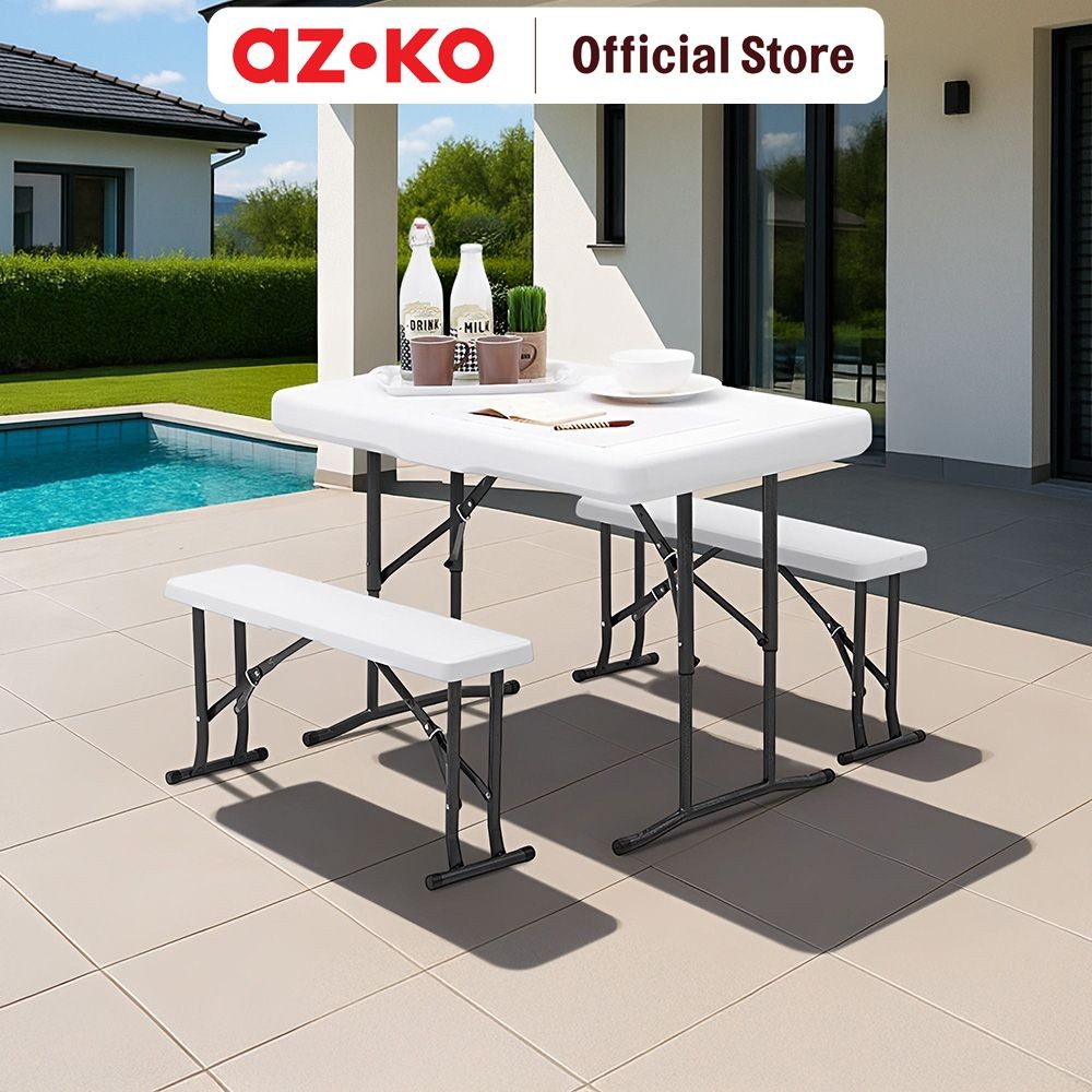 AZKO Krisbow Set Meja & Bangku Bench Lipat - Putih Kursi Dan Meja Taman Foldable Garden Desk And Cha