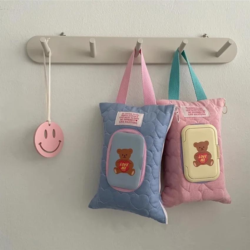 Tempat Tisu Gantung Mobil Pouch Tissue 2 In 1 Tempat Tissue Kering Basah Travel Mobil Puffy Lucu