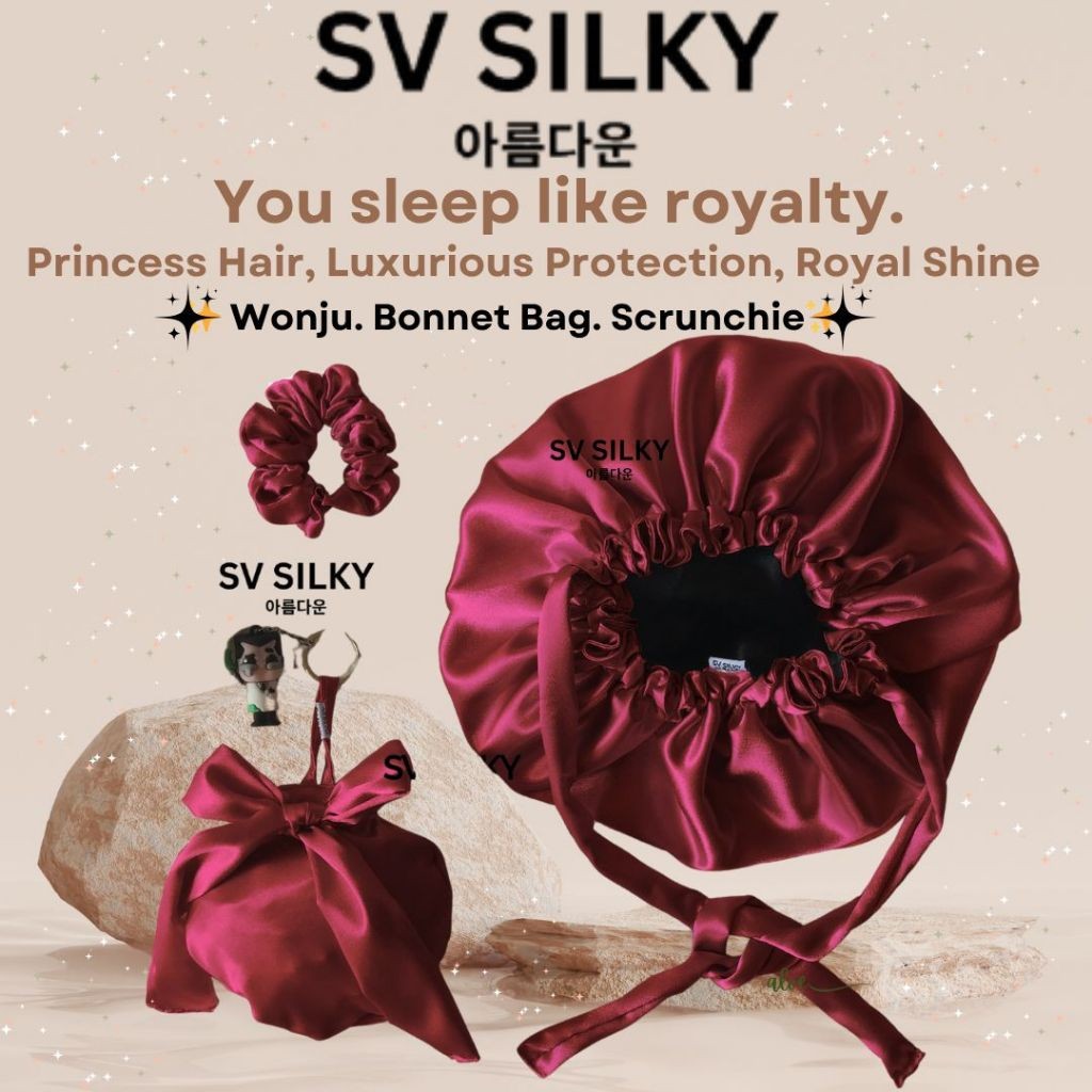 Hair Bonnet Bag Wonju + Scrunchie SV Silky Premium Korea - Bonnet Tidur Anti Kusut Rambut, Bonnet Sa