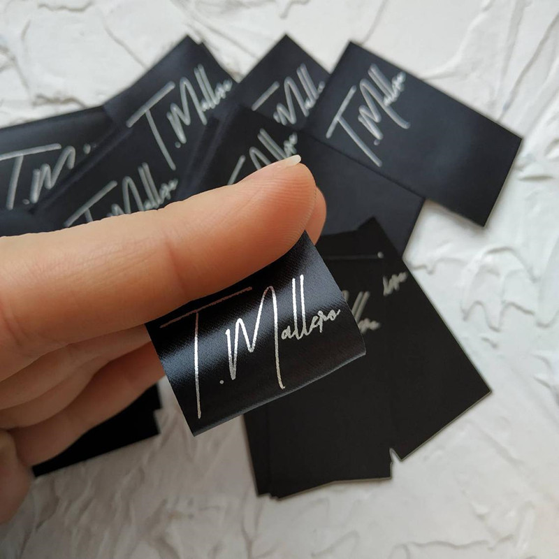 

300 High Quality Custom fabric flat clothing tags Satin ribbon labels with logo Sew-in Garment bags washing Care label fold over