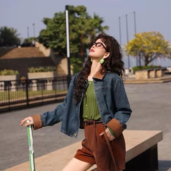 YUKITO JEANS JACKET MIX SUEDE Wanita Jaket Atasan - Light blue RG