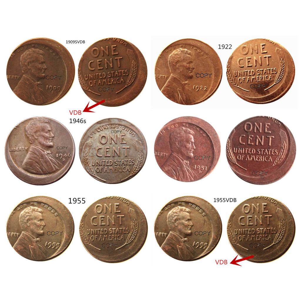 6 differents styles US Wheat Penny Error Off-Center Copper Copy Coin