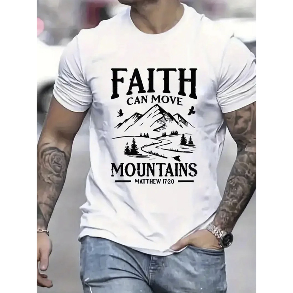 Kaos Pria Motivasi Iman, Katun Adem, Lengan Pendek Desain Gunung, Baju Santai Rohani