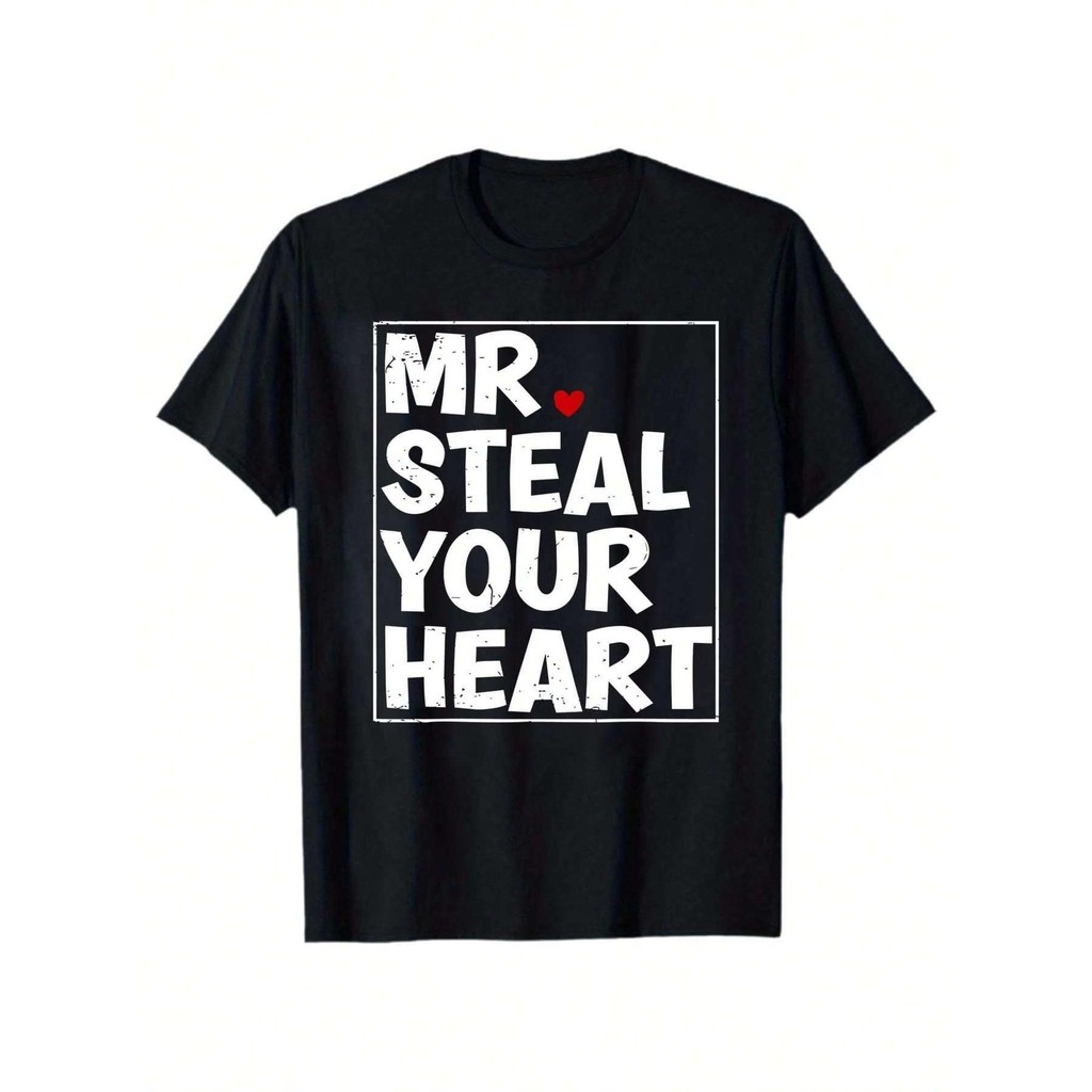 Kaos Valentine Pria 'Curi Hatimu' - Hitam Katun, Hati Merah, Kasual Lembut, Hadiah Romantis