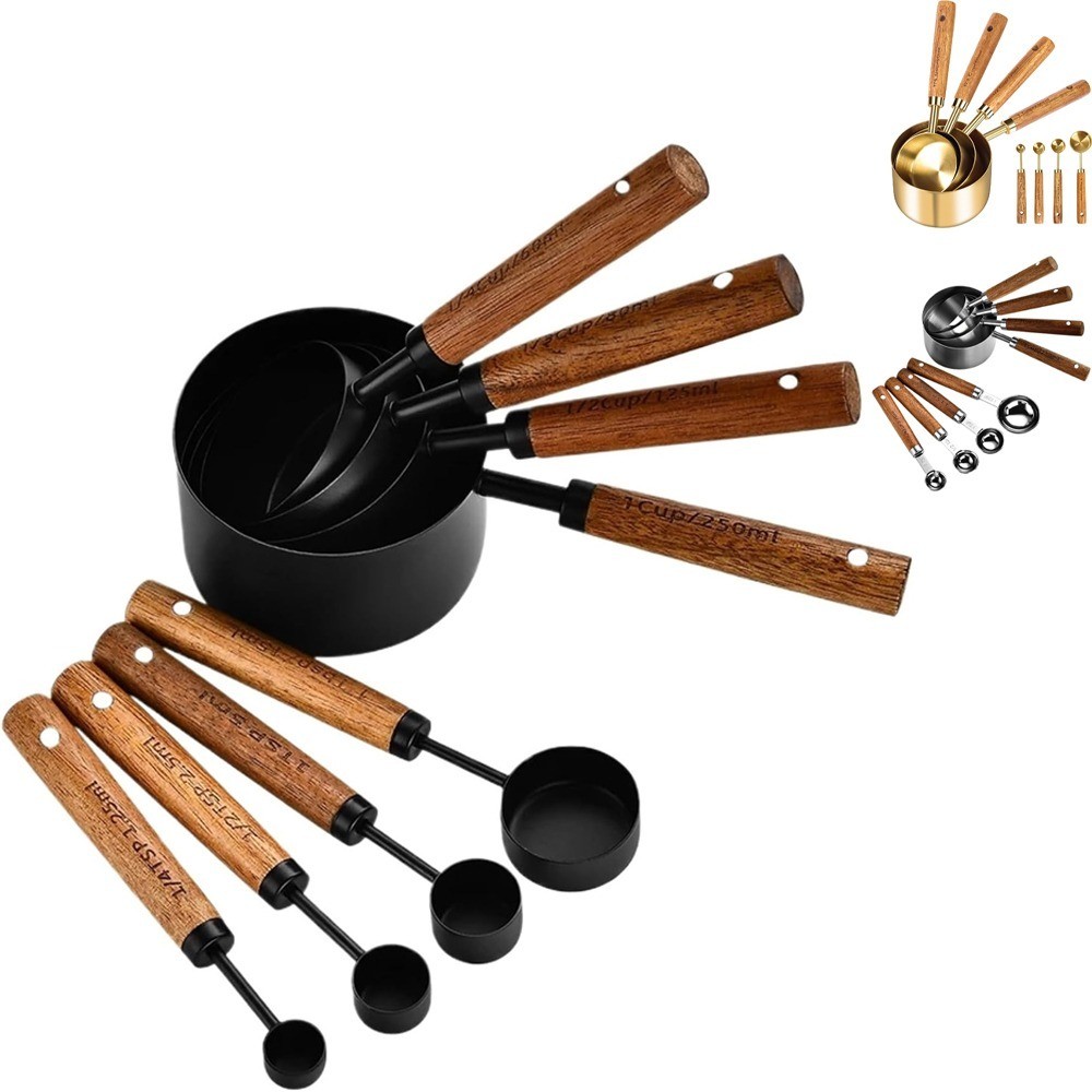 Measuring Cup and Spoon Set 8 Piece Stainless Steel Measuring Cup with Wooden Handle Baking Tools Co