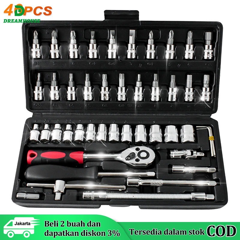 Set Kunci Sok Kunci Shock 46 pcs Mobil Motor Lengkap Socket Tool Kit set Pas Ring Motor Mobil KUNCI 