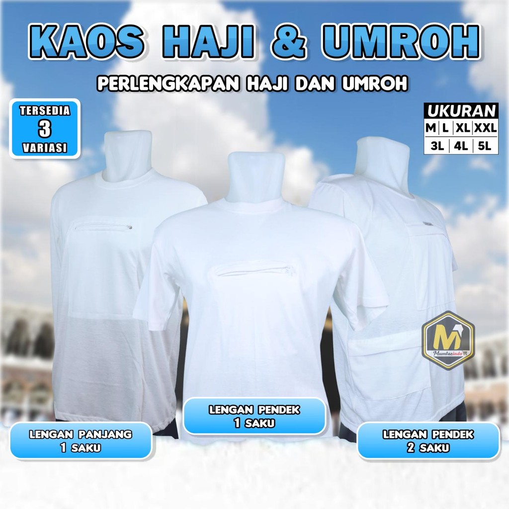 MUMTAZINDO - Kaos Polos Pria untuk Haji dan Umroh dengan Kantong / Kaos Haji Umroh Pria Lengan Pende
