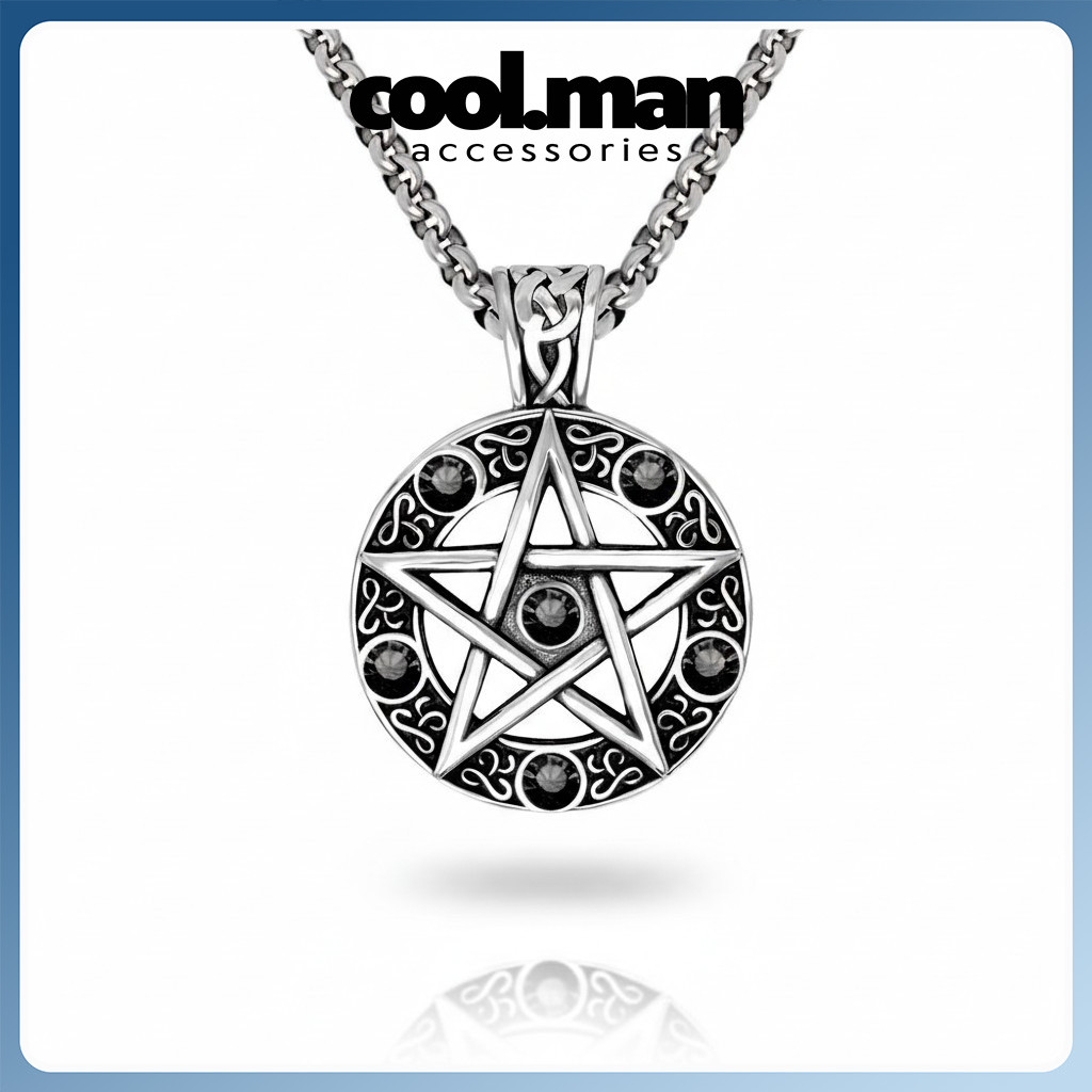Kalung Pentagram Bintang Stainless Steel Pria Wanita Liontin Gothic Tribal Rock Metal Fashion Anti K