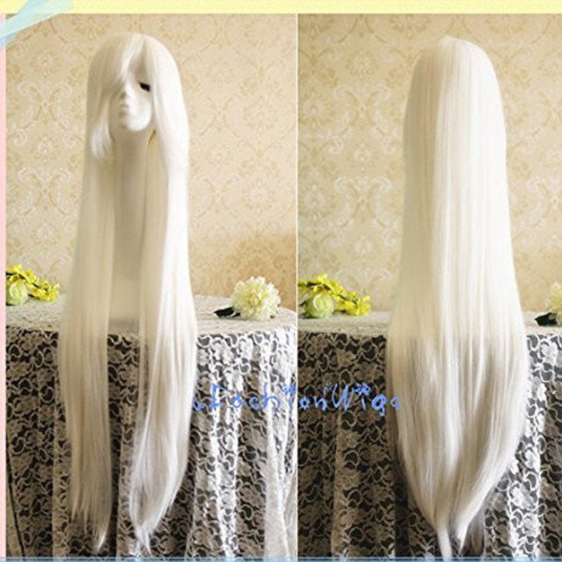 100cm Touhou Project Fujiwara no Mokou Long Cosplay Wig White Synthetic Hair + Wig cap