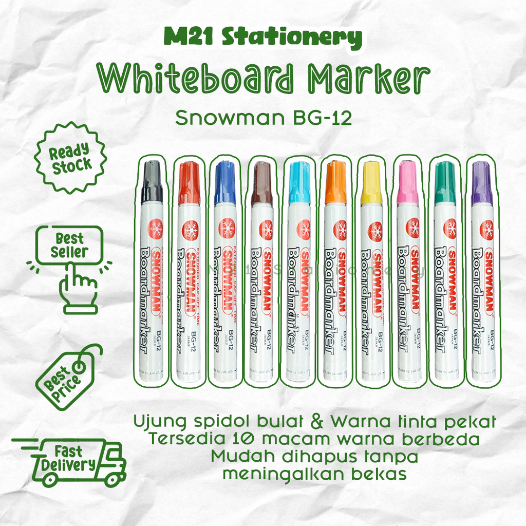 (1 PCS) SPIDOL WHITEBOARD SNOWMAN BG12 / TINTA WARNA WARNI SEPIDOL MARKER PAPAN TULIS MURAH LENGKAP