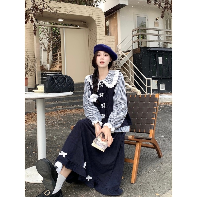 Retro Style Vest Dan Baju/Blus Cewek Dan Rok Panjang 3 pcs Set Sweet Japanese Style Satu Ukuran