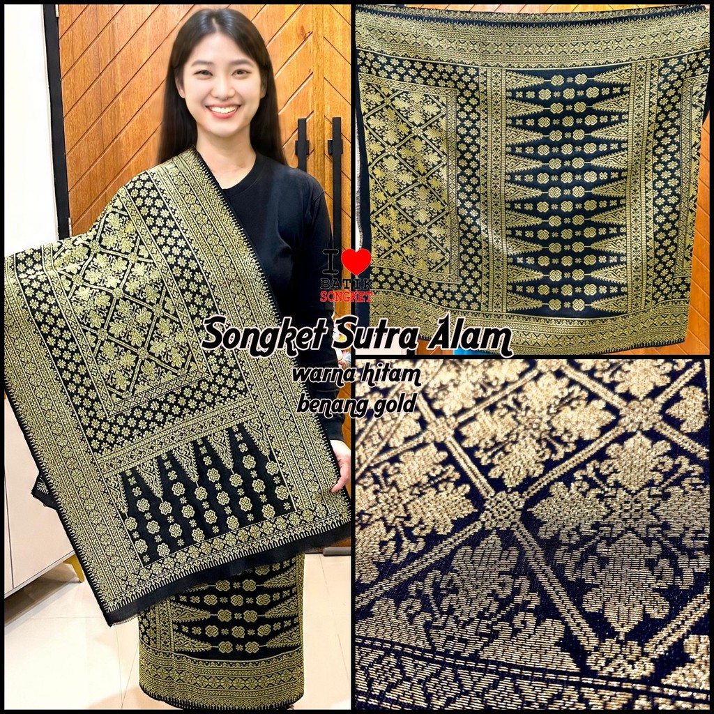 SONGKET SUTRA ALAM MOTIF 4 BENANG EMAS TENUN PALEMBANG MEDAN MINANG LEPUS HITAM