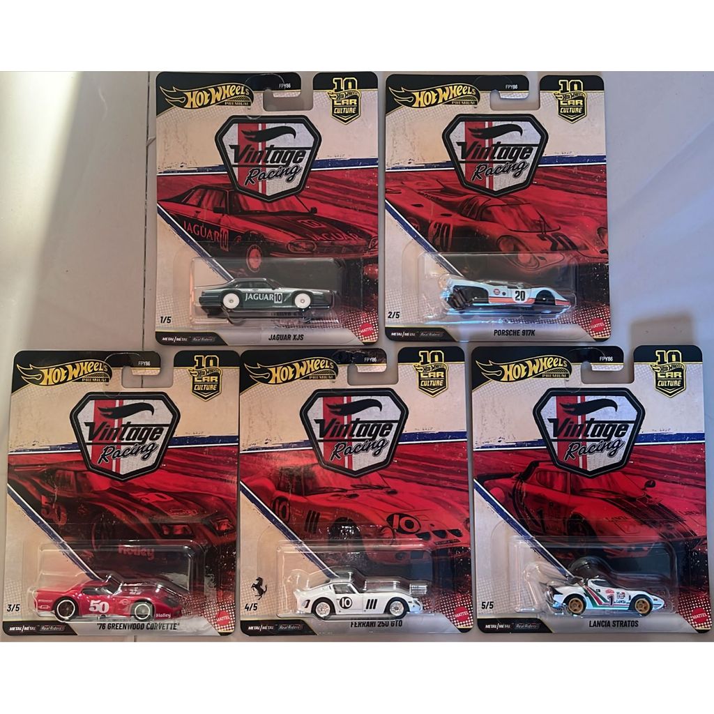 Hotwheels Premium Car Culture Vintage Racing Jaguar XJS, Porsche 917K GULF, Greenwood Corvette, Ferr