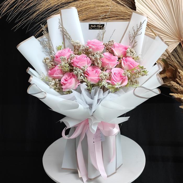 Eom Buket Mawar Pink Artificial Mix Bunga Kering Edelweiss & Caspea Hadiah Elegan - Pink putih