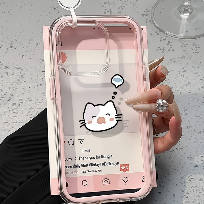 2in1 Transparent Kucing Lucu Case For iPhone 11 13  12 14 16 15 ProMax TPU Double Layer Protection S