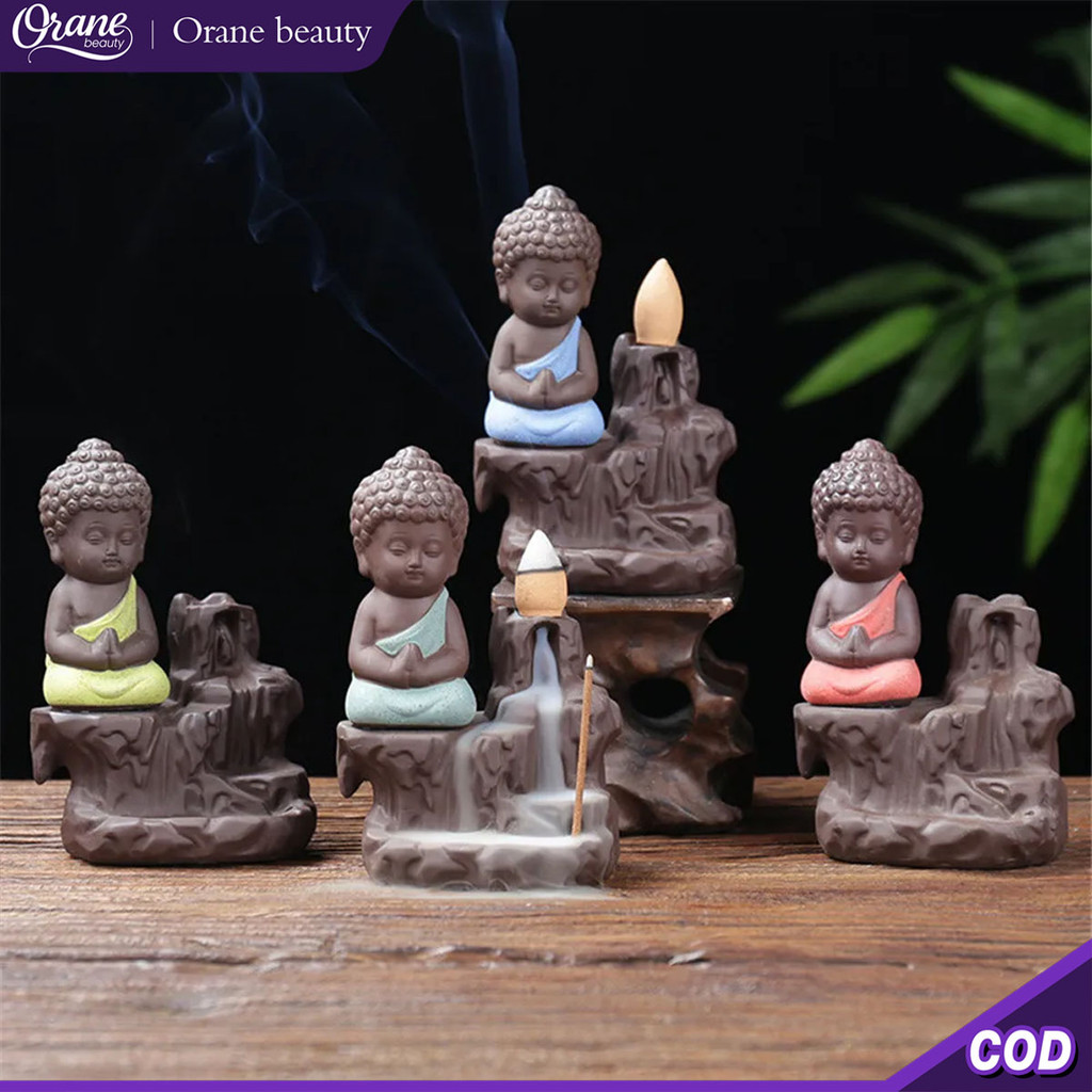 Oranebeauty Pembakar Asap Aliran Balik Biksu Kecil Keramik, Tempat Dupa, Patung Buddha Maitreya, Air