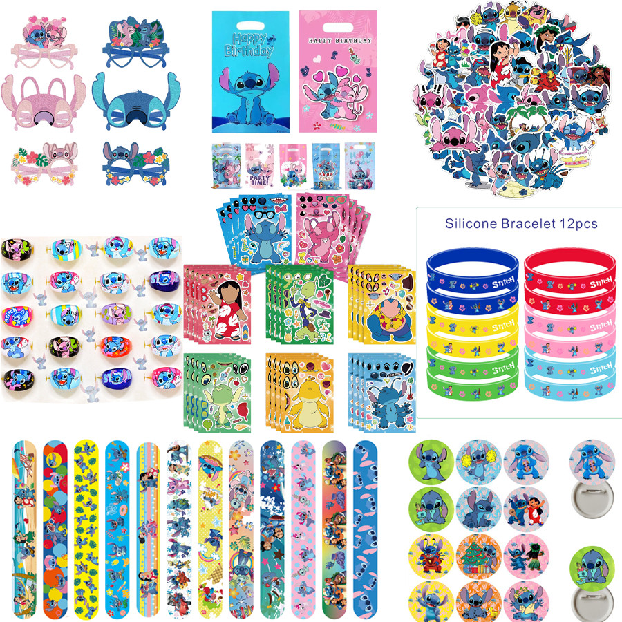

Lilo & Stitch Birthday Party Supplies Kit Reusable Straws Slap Bracelets Stamp Paper Bags Stickers Ring - Kids Party Gift Set