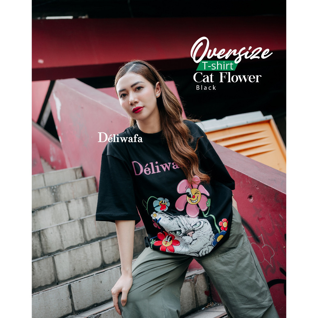 Original Deliwafa -  Unisex T-Shirt Cat Flower Kaos Lengan pendek