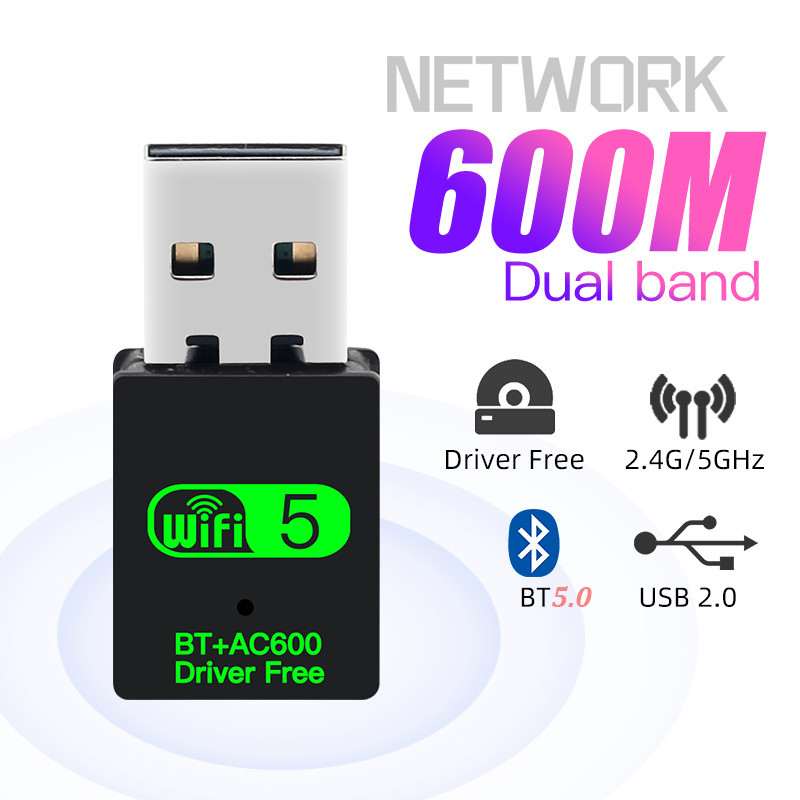 600Mbps USB WiFi Bluetooth 5.0 Adapter 2in1 Dongle Dual Band 2.4G&5GHz USB WiFi 5 Network Wireless W