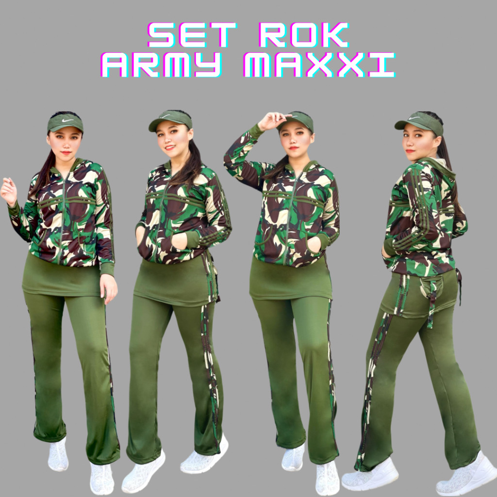 HAFERAMES  Setelan Baju Senam Baju Aerobic Baju Zumba Olahraga Panjang Muslim Army Rok Hijau