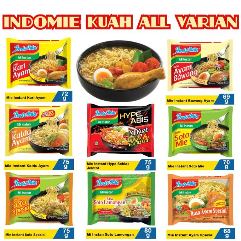 Indomie Instant Kuah All Varian / Indomie All Varian / Indomie Soto / Indomie Ayam Bawang / Indomie 