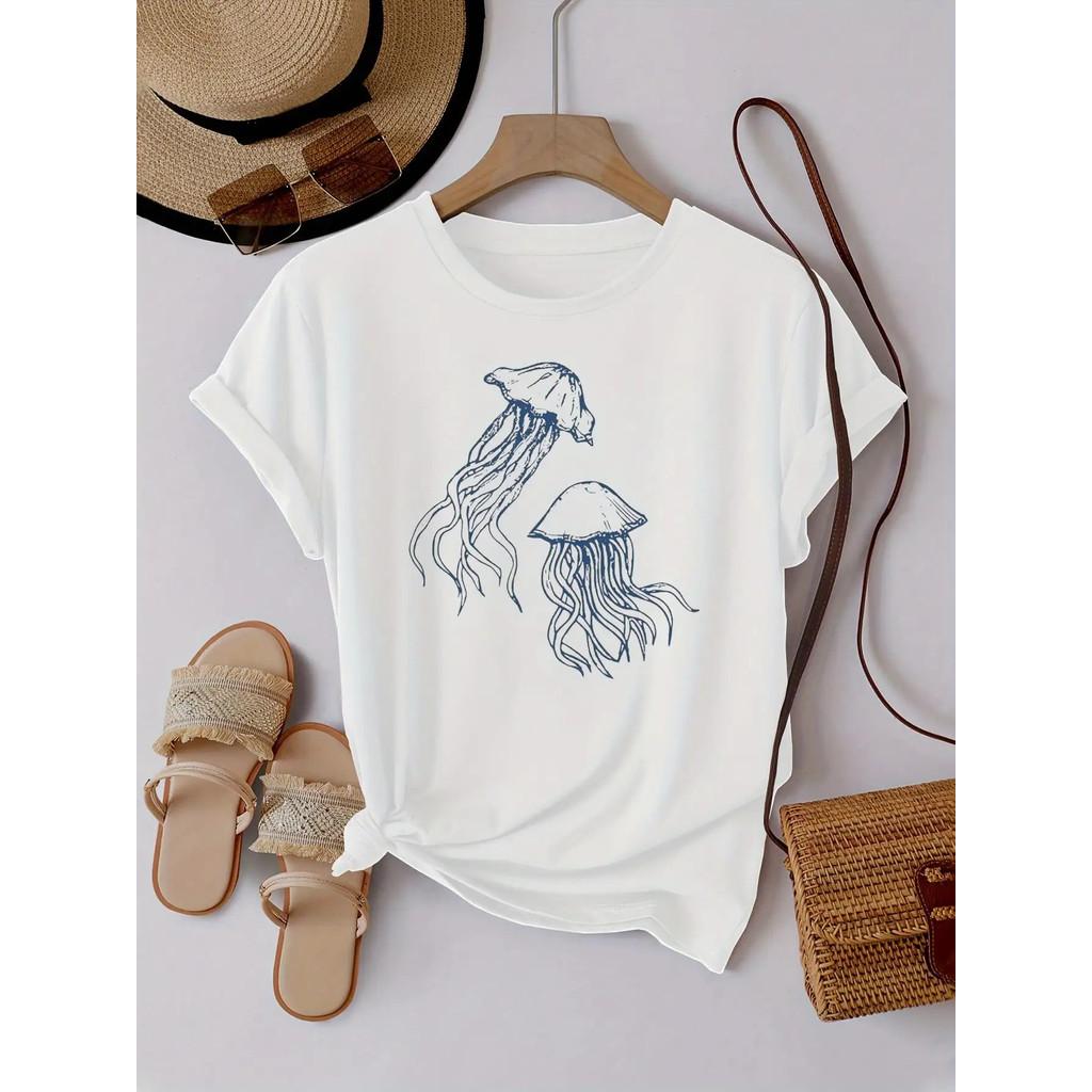 1pc Kaos Wanita Cetak Ubur-Ubur Putih - Atasan Lengan Pendek Leher Bulat Lembut Beige Muda Ramah den