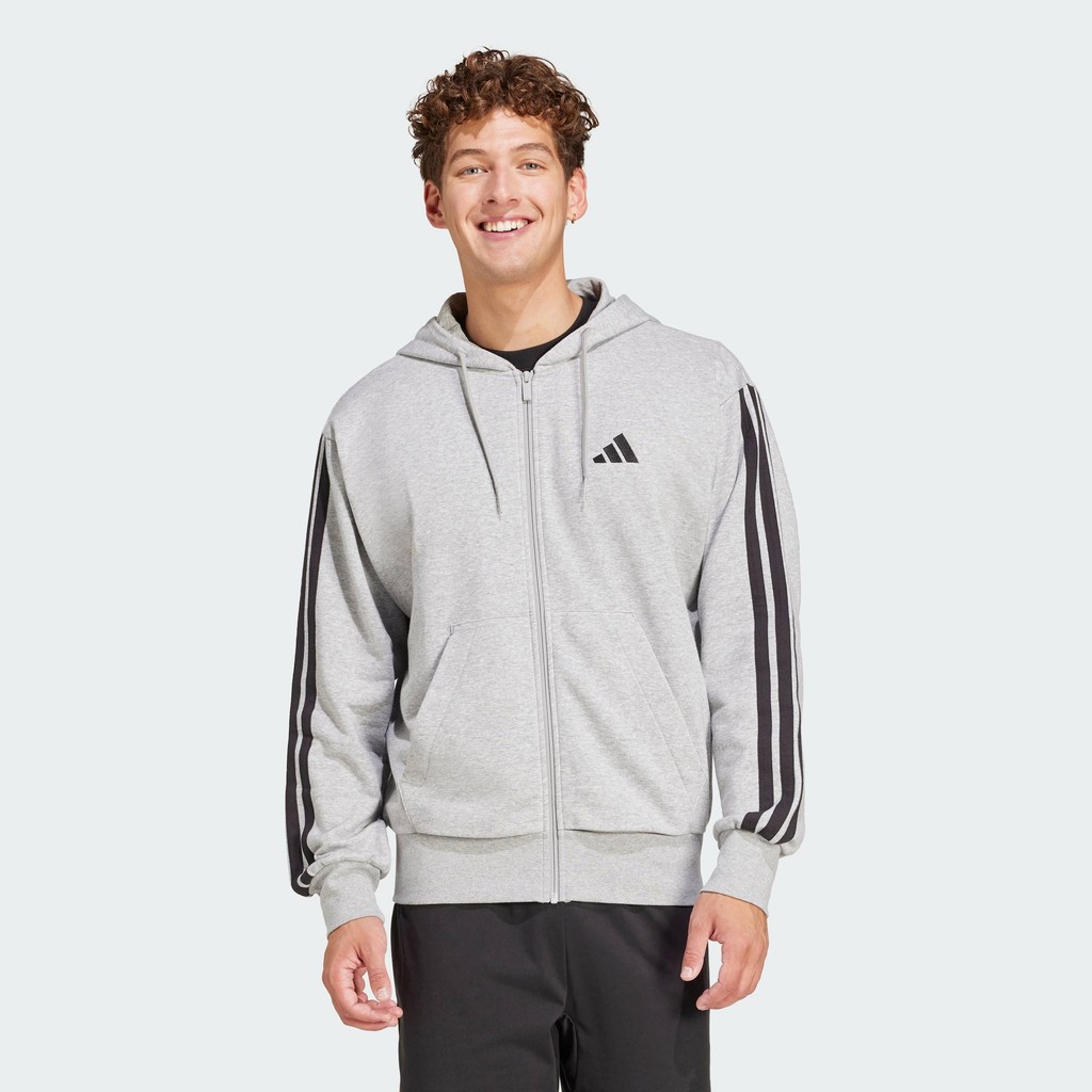 adidas Lifestyle Essentials 3-Stripes French Terry Full-Zip Hoodie Men Grey JE6338