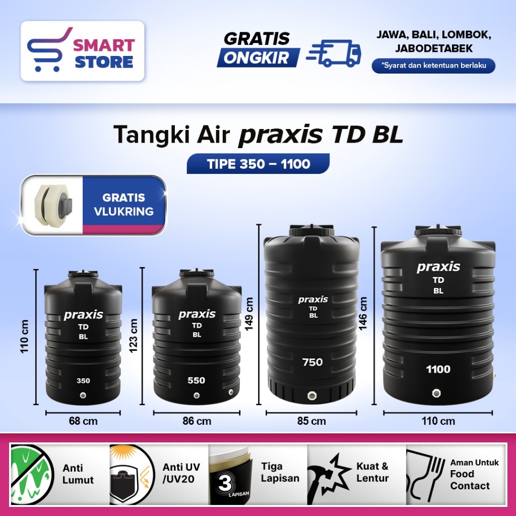 Tandon Toren Tangki Air PRAXIS 350-1100L Anti Lumut Termurah Dan Kuat