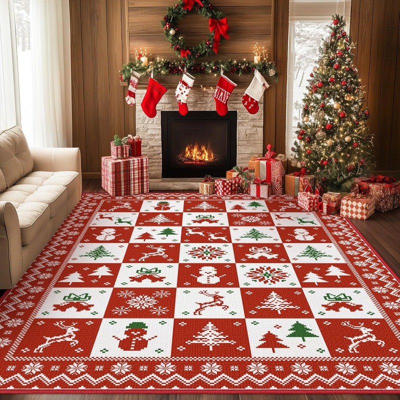 Merry Christmas Holiday Rug All-Over Living Room Carpet Festive Door Mat Washable Decorative Floor D