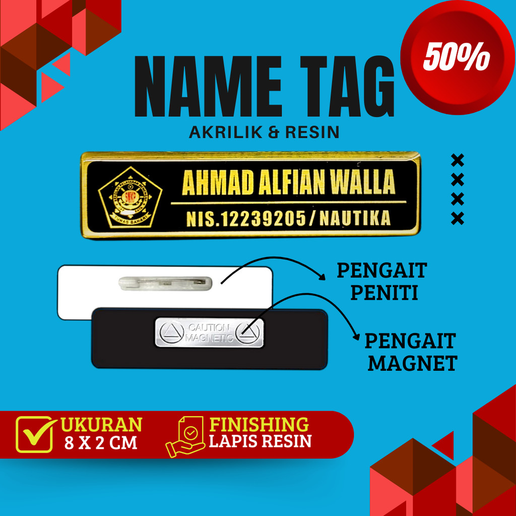 Name Tag Nama Dada Akrilik Magnet Peniti Gold Silver