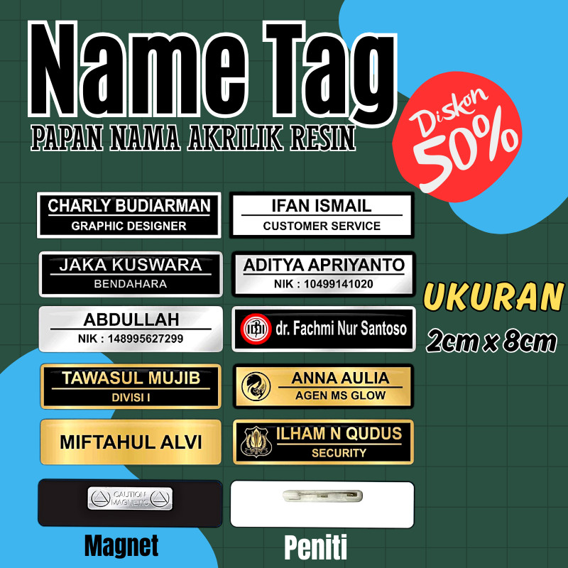 Name Tag Nama Dada Nama Dokter Akrilik Magnet Peniti Gold Silver