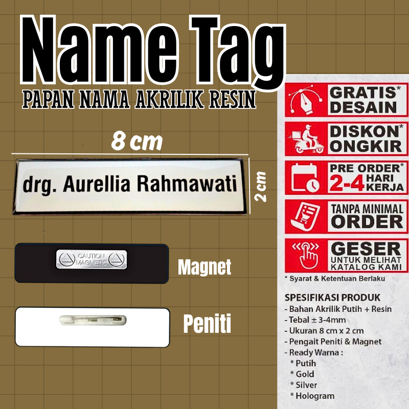 Name Tag Nama Dada Nama Dokter Akrilik Magnet Peniti Gold Silver