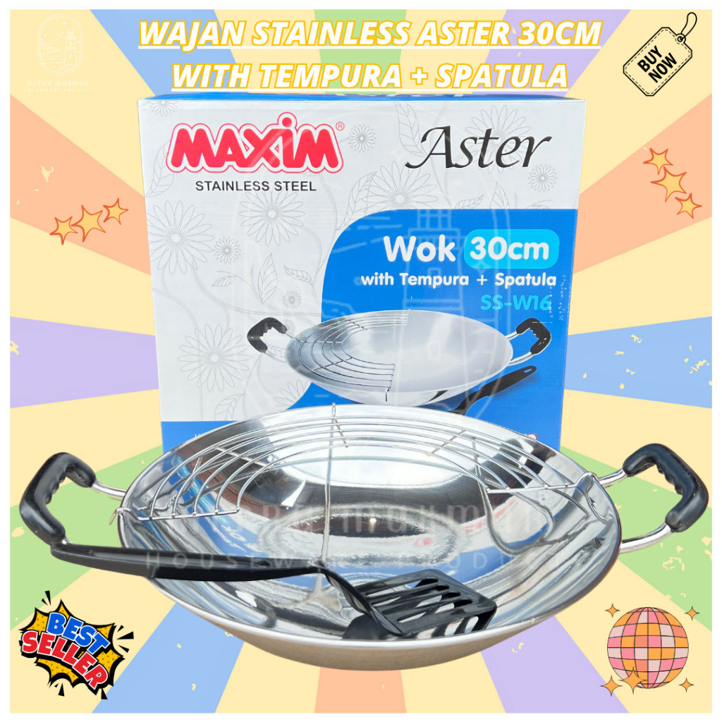 Maspion Panda Aster Wok 30 Cm + Tempura - Wajan Stainless Steel Penggorengan