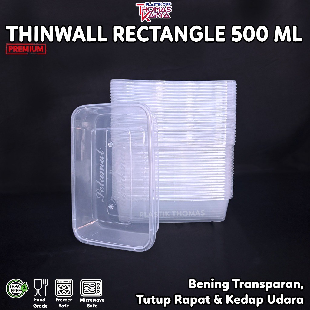 ECER Thinwall 500ml Persegi Panjang Plastik Food Grade Container Rectangle Kotak Makan Bening PP