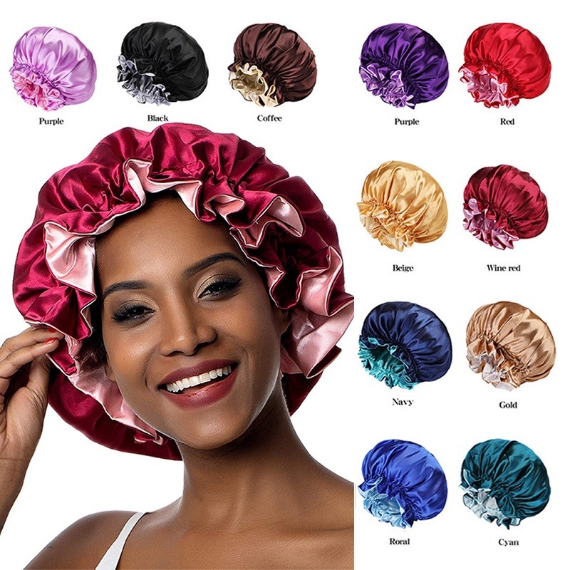 Lady Silk Night Sleep Hats Double Layer Head Cover Fashion Shower Cap Adjustable Silk Satin Bonnet F
