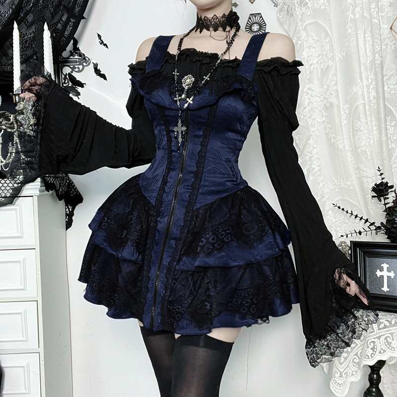 YL25390Jacquard Lace Square Neck Top Dress Set Autumn New Gothic Style Versatile Set