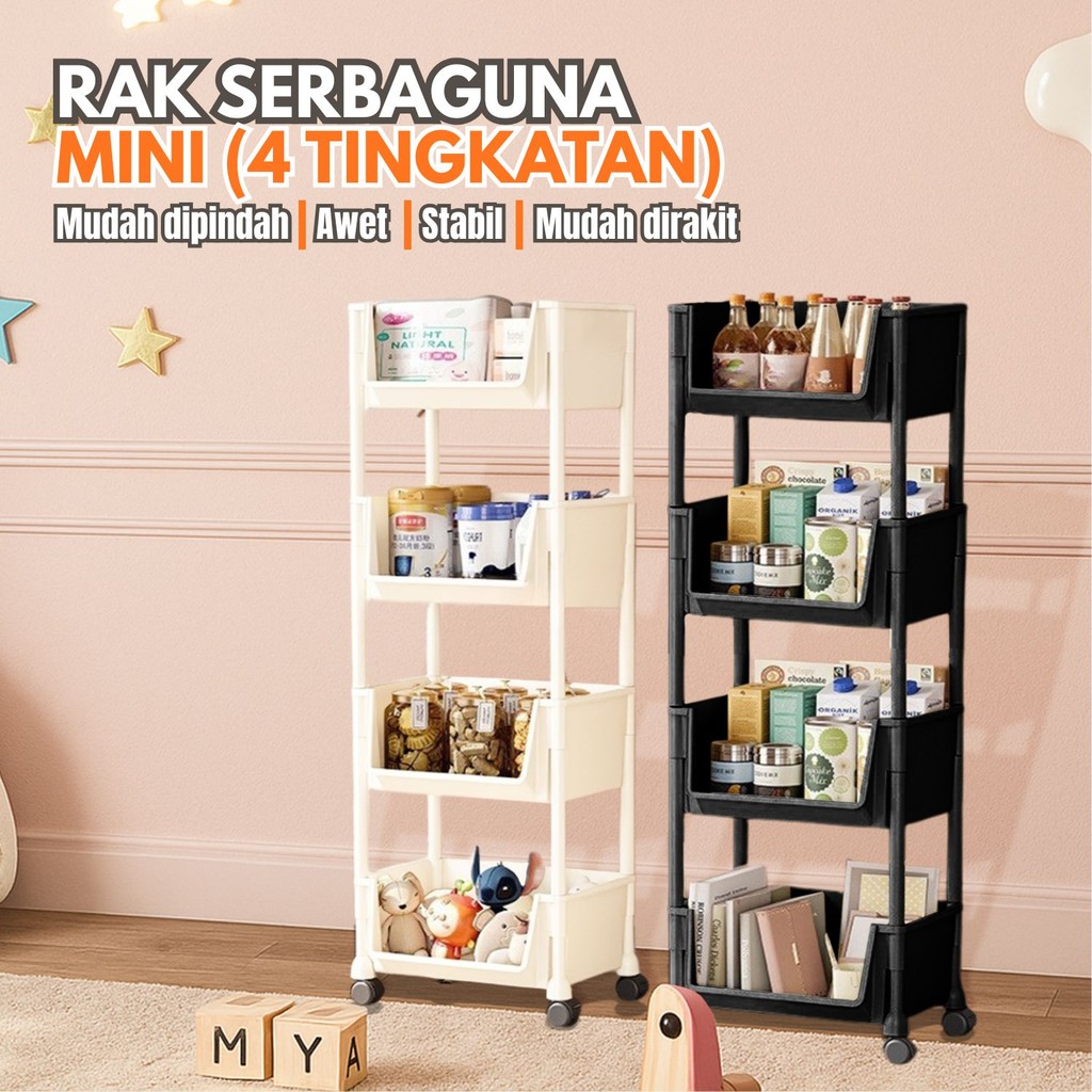 Rak Serbaguna 4 Susun Roda Portable Penyimpanan Buku Mainan Minimalis PBR-Q