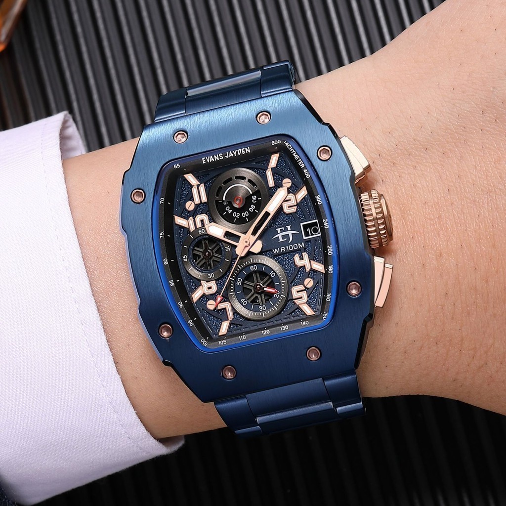 Evans Jayden Jam Tangan Pria 9612 Rantai Kaca Sapphire Chrono Water Resistant 10 ATM [SALE]