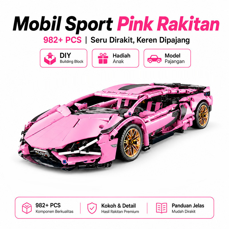Mr.Toys Mainan Blok Susun Mobil Sport Pink 982+ PCS DIY Building Block Hadiah Anak Pajangan