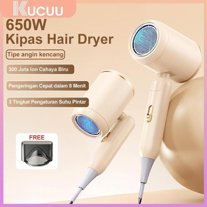 KUCUU Hair Dryer Pengering Rambut Low Watt - Negative Ion Portable  Biru Low Watt (Tipe angin kencan