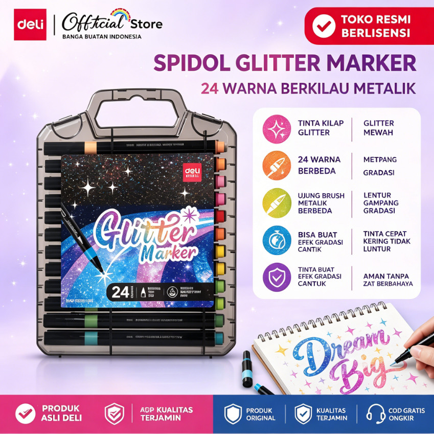 Deli Glitter Marker / Spidol Gliter Mengkilap Shimmer  Set - HM288