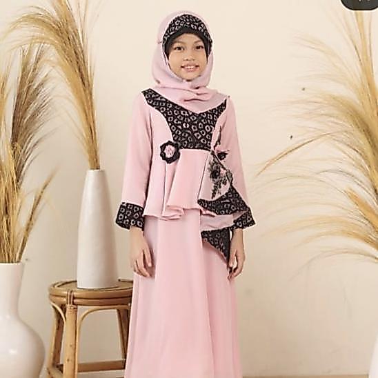 Gamis Dusty Pink Brokat Layer Import Anak Perempn/Baju Muslim Alilla Fashion Anak Perempn