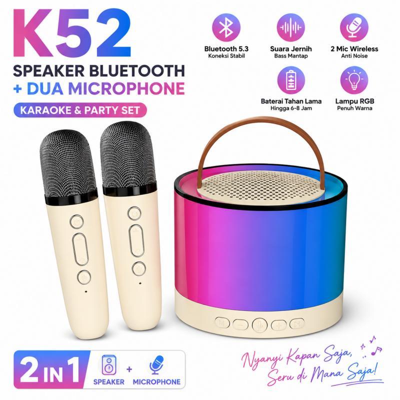 K52 Speaker Bluetooth 5.3 Karaoke Set Lengkap 2 Mikrofon Wireless Anti Noise Lampu RGB Warna-Warni B