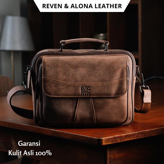Tas Slempang Messenger Bag Kantor Pria Kulit Original Branded Anti Air - Cokelat