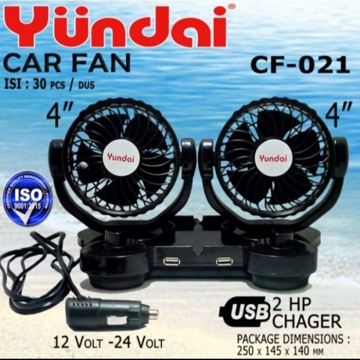Kipas Angin Mobil 2 Kipas Saklar dan 2 USB DC 12 Volt 24 Volt Yundai