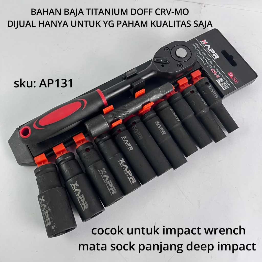 APR JAPAN AP131 Rachet Sock 1/2inch 13pc Deep Impact 8mm-24mm Panjang Doff Titanium Sok Sett AP131