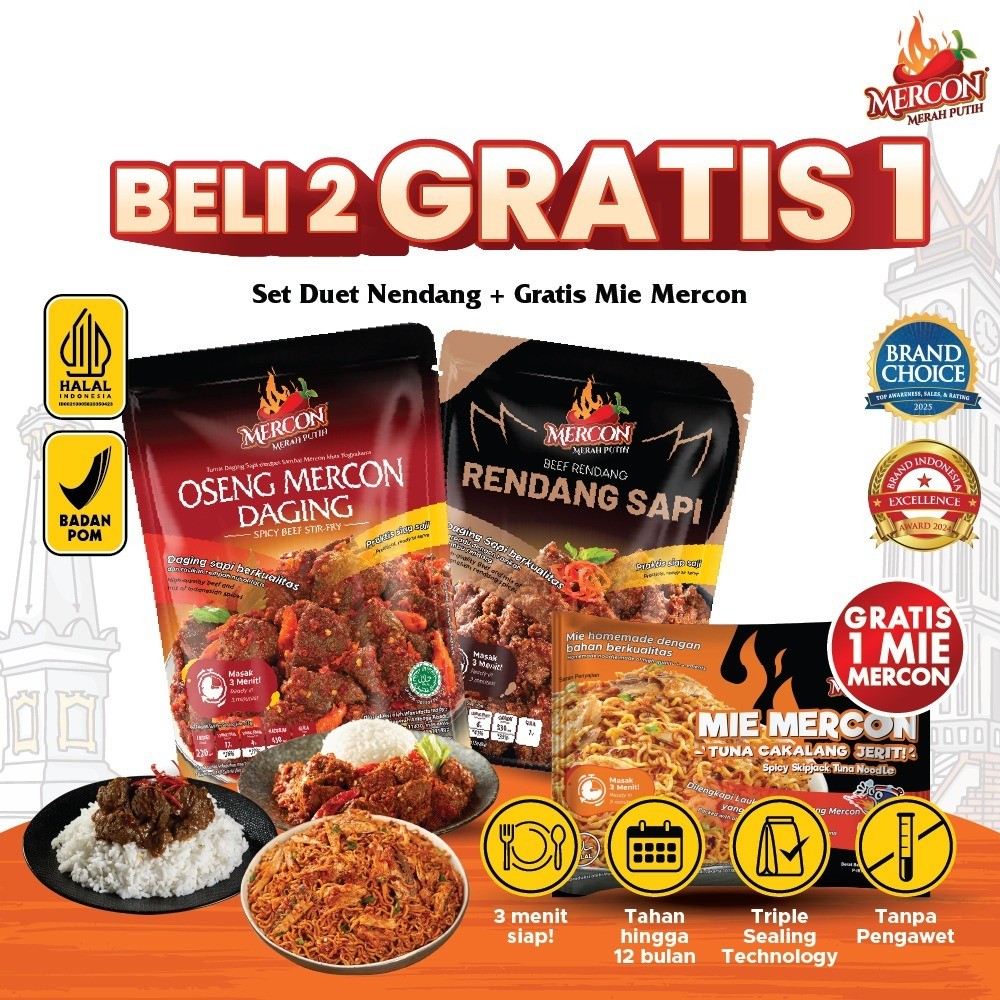 

[ BELI 2 GRATIS 1 - GRATIS MIE MERCON CAKALANG ] Mercon Merah Putih - Set Duet Nendang II Oseng Mercon Daging + Rendang Sapi