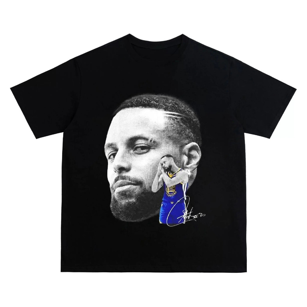 Cetakan kepala besar bintang - Pakaian basket lengan pendek katun berat Amerika kaos longgar bernapa