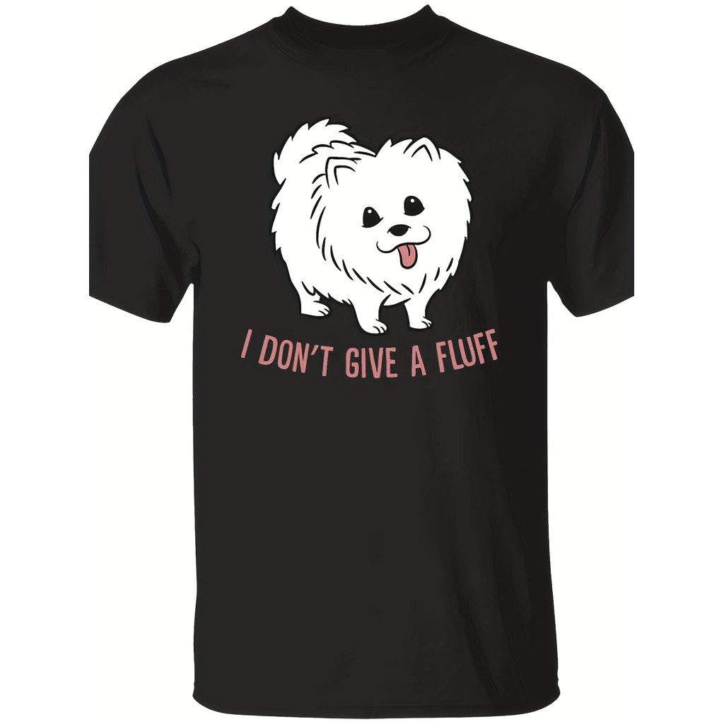 Kaos Pria Lucu Motif Anjing Pomeranian - Desain "I Don't Care", 100% Katun 220gsm, Crew Neck, Lengan