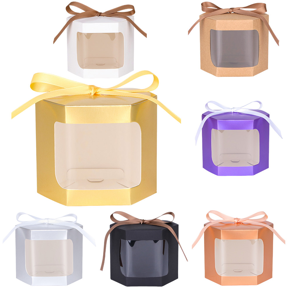 

10 pçs caixa de bolo embalagem sacos de papel hexágono caixas de doces com janela de pvc transparente caixa de presente de aniversário apresenta embalagens de doces